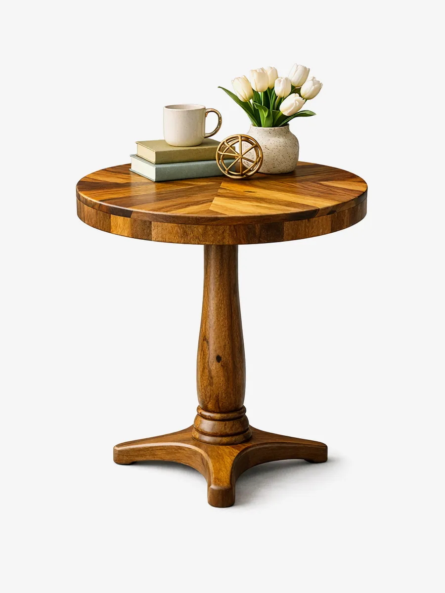 Round solid wood pedestal coffee table