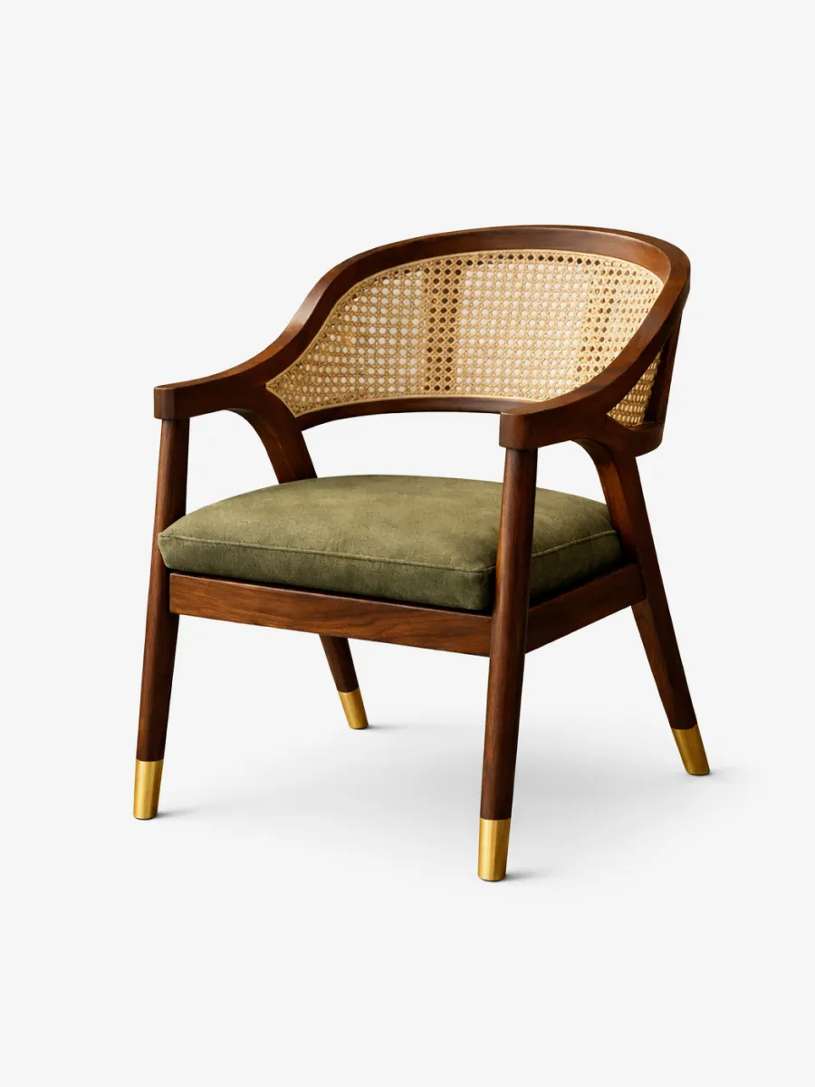 Mid-century cane back lounge chair with green cushion
