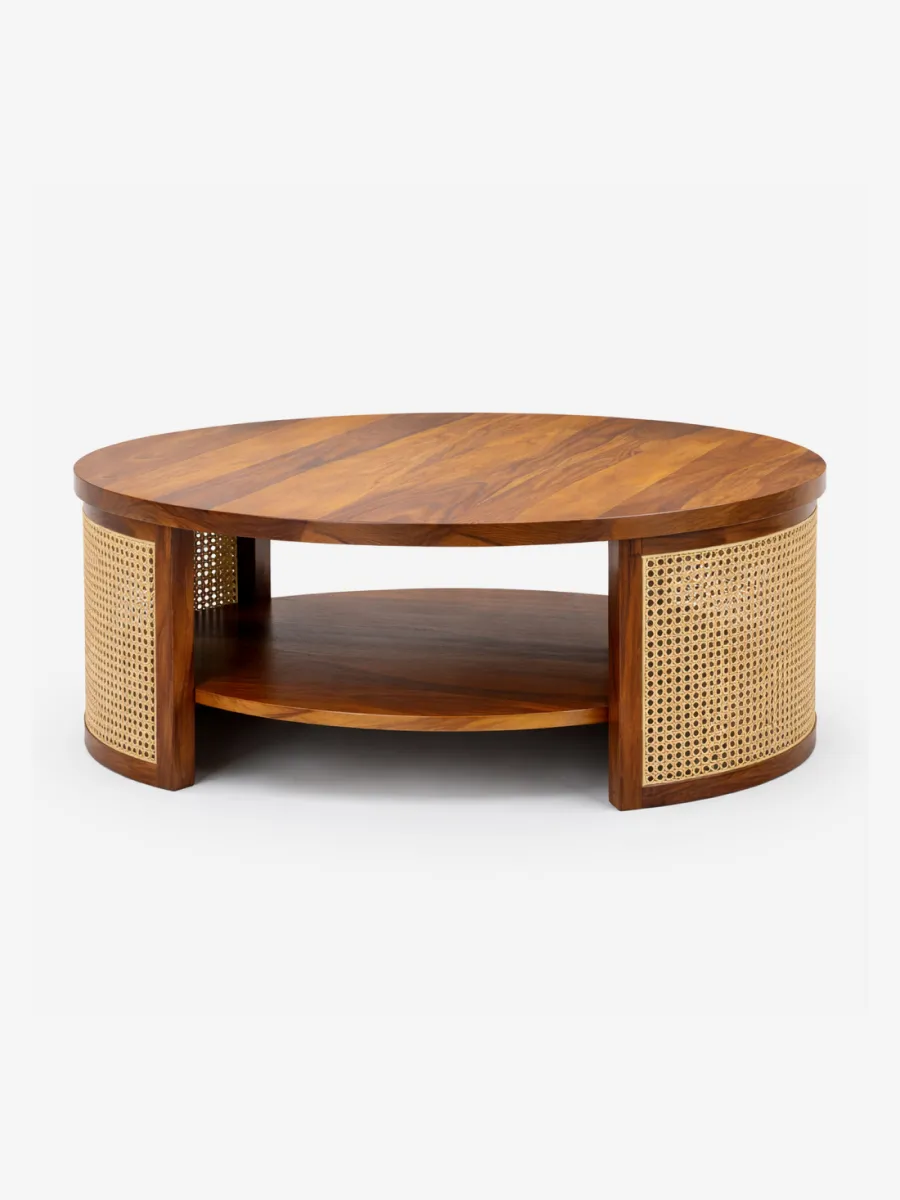 Cane round coffee table with storage shelf