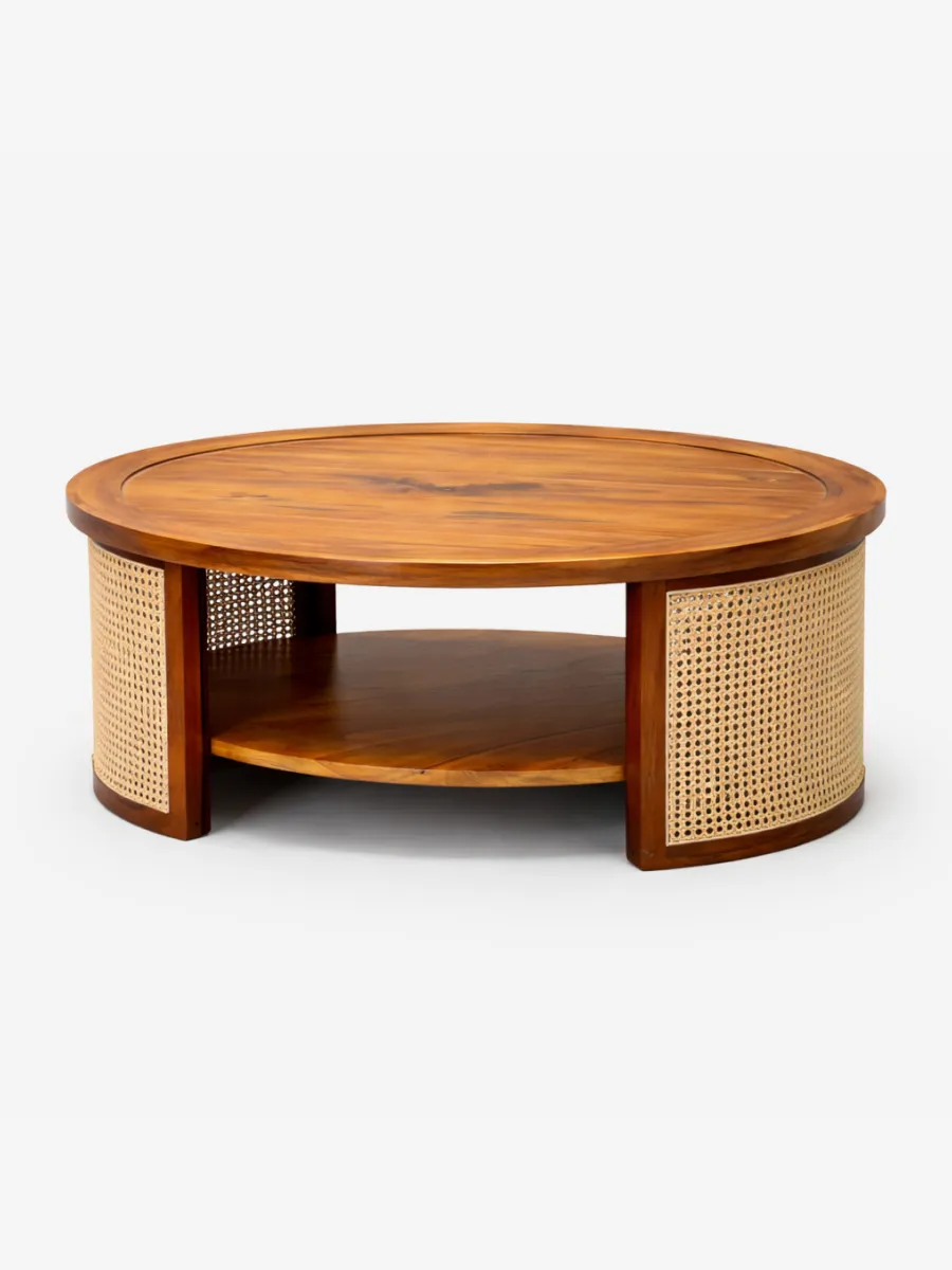 Round cane coffee table with storage