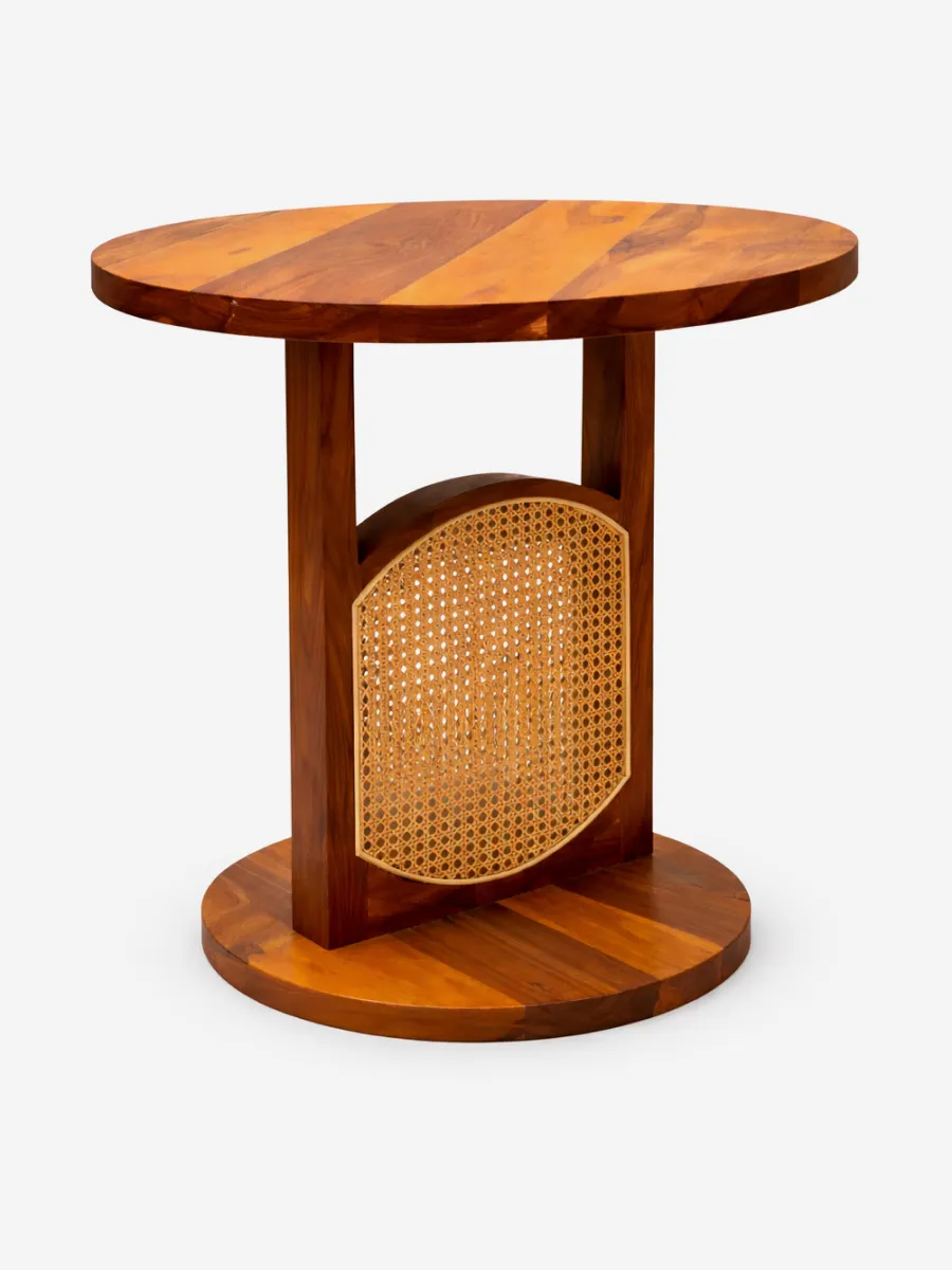 Sheesham wood round cane accent side table