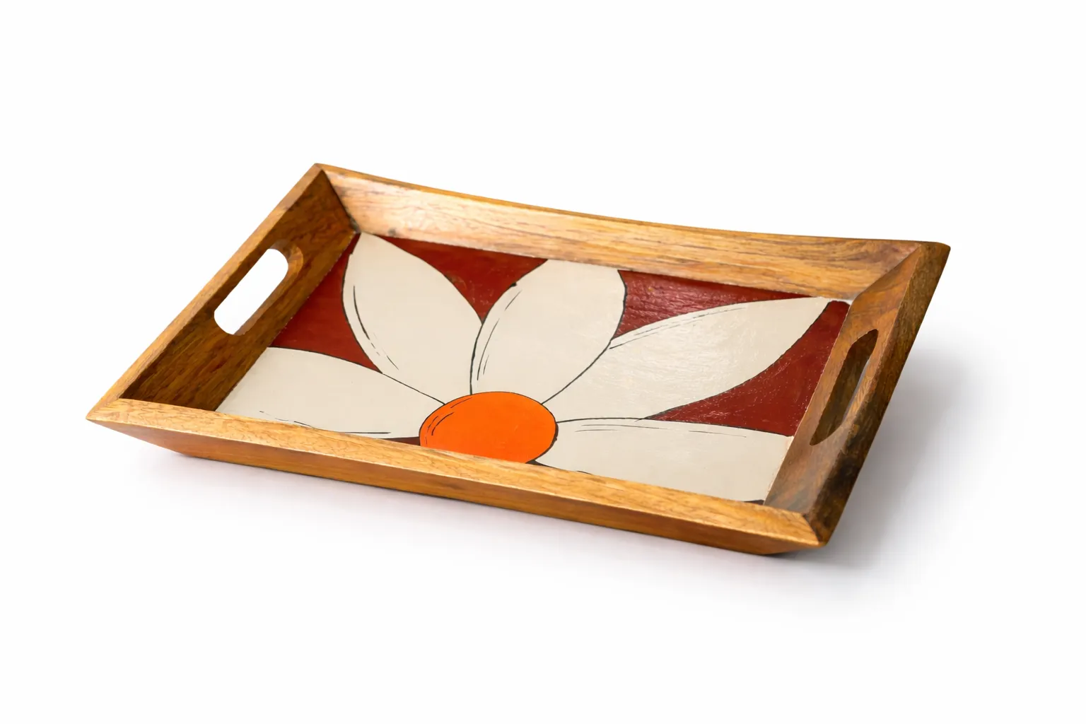 Hand-Painted Mango Wood Serving Tray with Handles | Decorative Wooden Tea & Snack Serving Tray for Kitchen & Dining Table