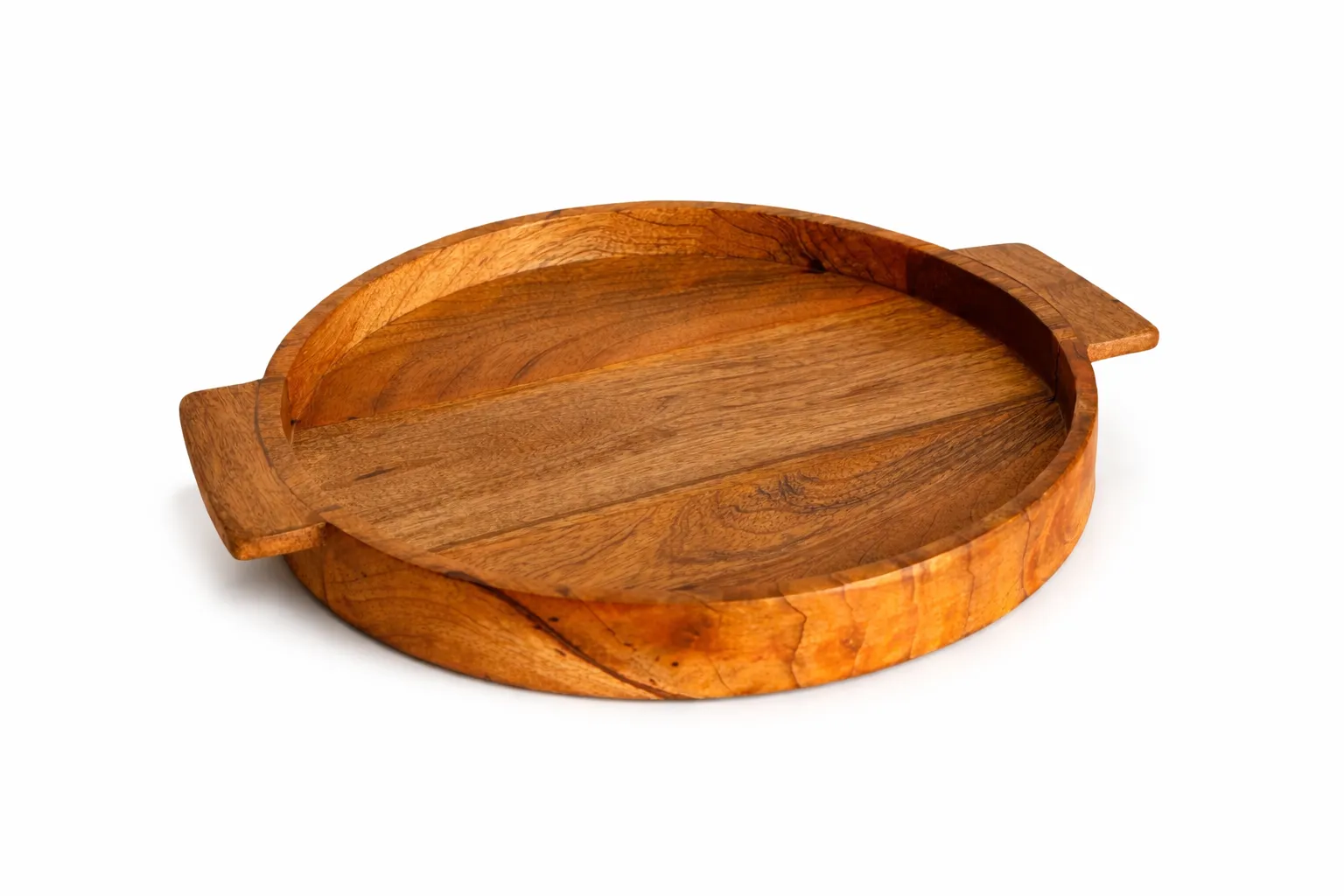 Round Serving Tray with Handles | Handcrafted Wooden Platter for Serving Snacks, Tea, Coffee, Bread & Decor | Durable Food-Safe Finish
