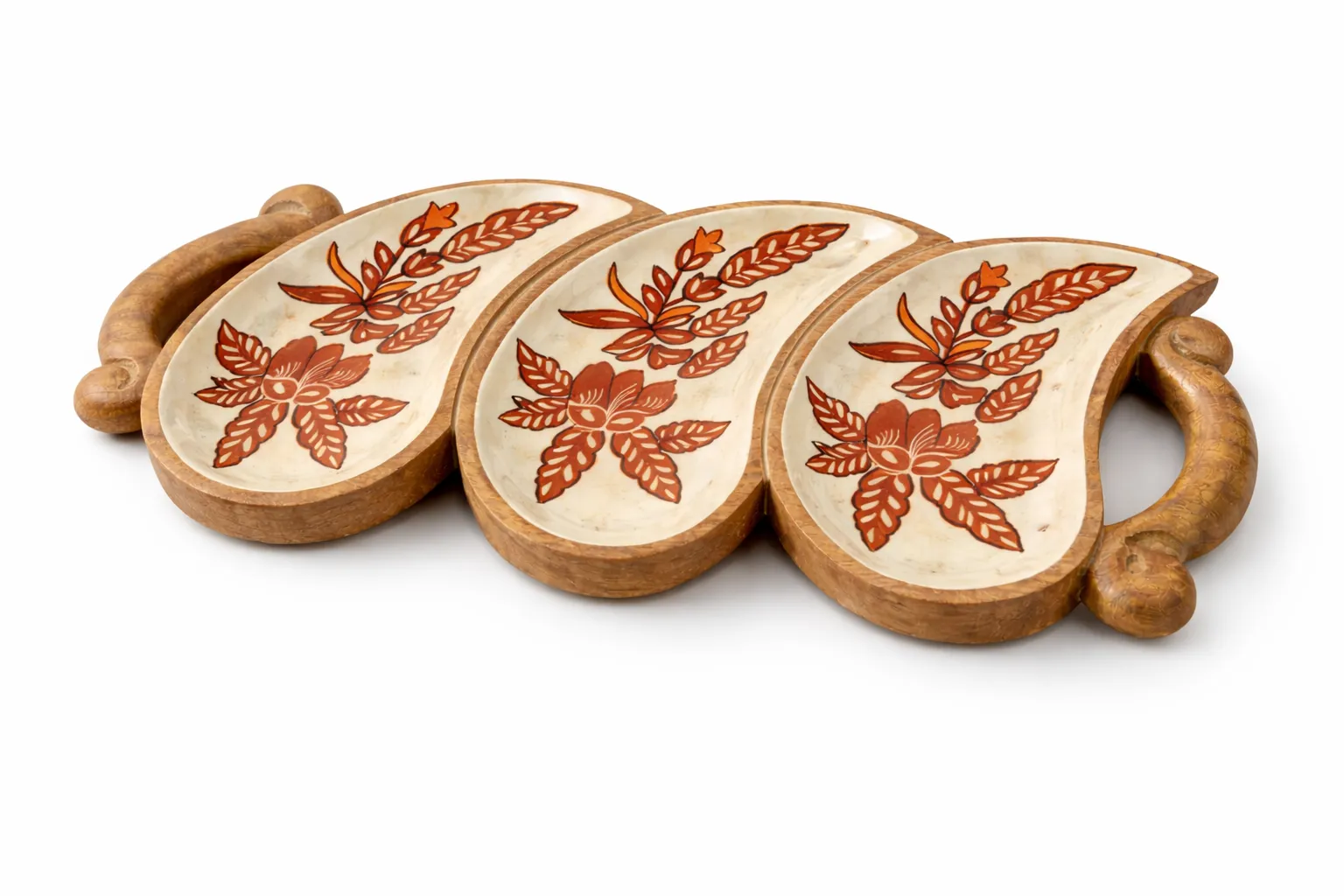 Premium Wooden 3 Section Serving Tray with Ceramic Bowls | Snack & Dry Fruit Serving Platter for Guests, Parties & Festivals