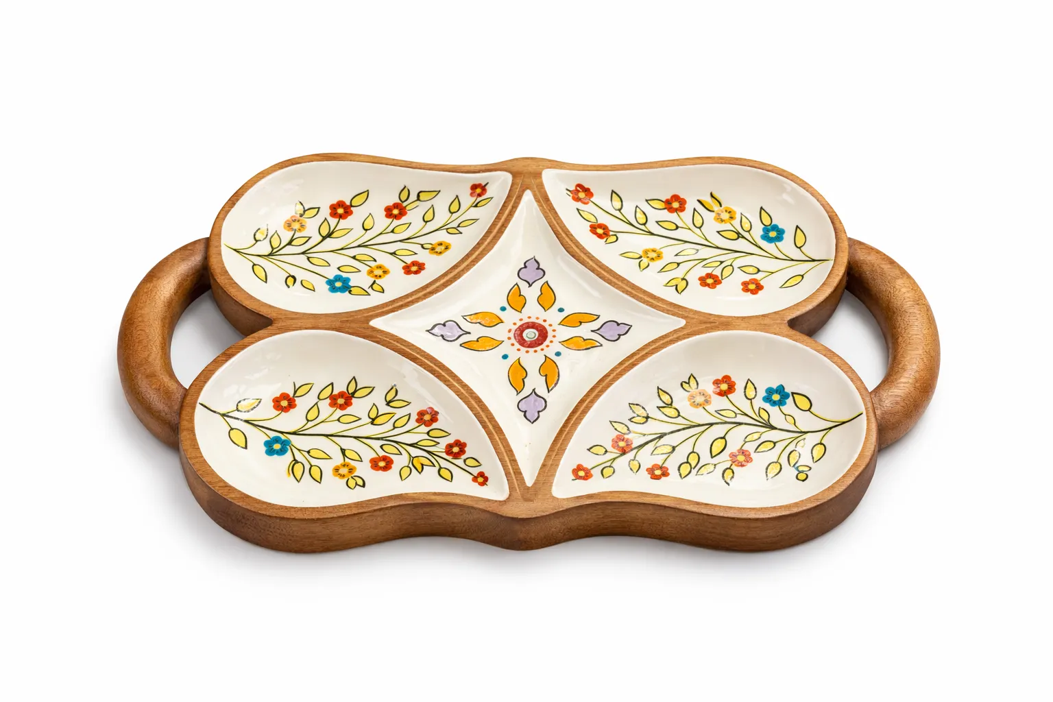 Wooden 5 Section Snack Serving Tray with Ceramic Bowls & Handle | Dry Fruit, Mithai, Namkeen Platter | Decorative Serving Dish