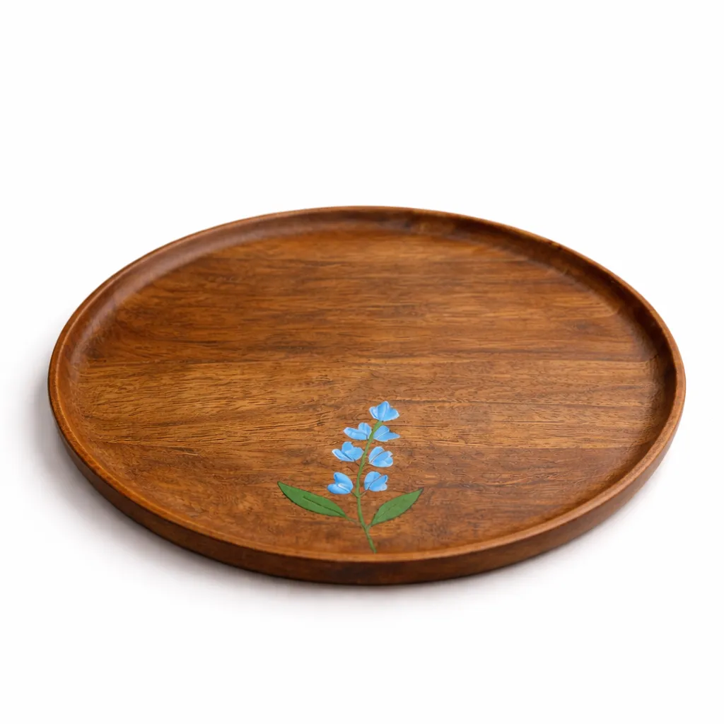 Mango Wood Round Serving Tray for Tea, Coffee & Snacks | Handmade Wooden Serving Plate | Elegant Tray for Home, Dining & Office
