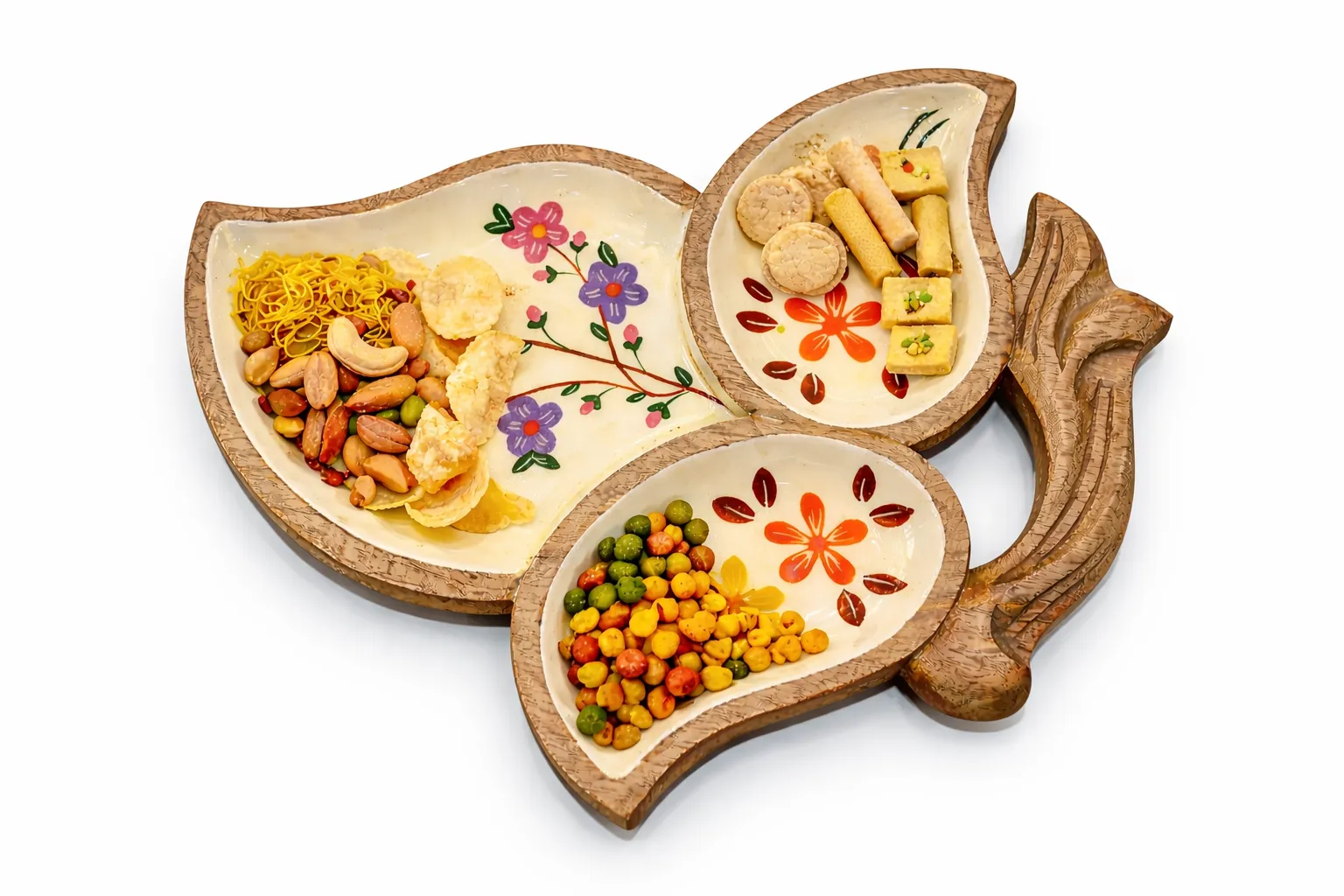 Leaf Shape 3 Compartment Serving Tray with Wooden Handle | Ceramic Snack Platter for Dry Fruits, Namkeen & Snacks | Decorative Tea Time Serving Dish