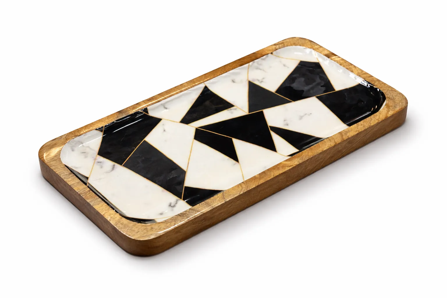Premium Marble Design Serving Tray | Wooden Base Rectangular Snack Tray for Coffee, Tea & Guests | Luxury Kitchen & Dining Decor Tray (Black & White Inlay)