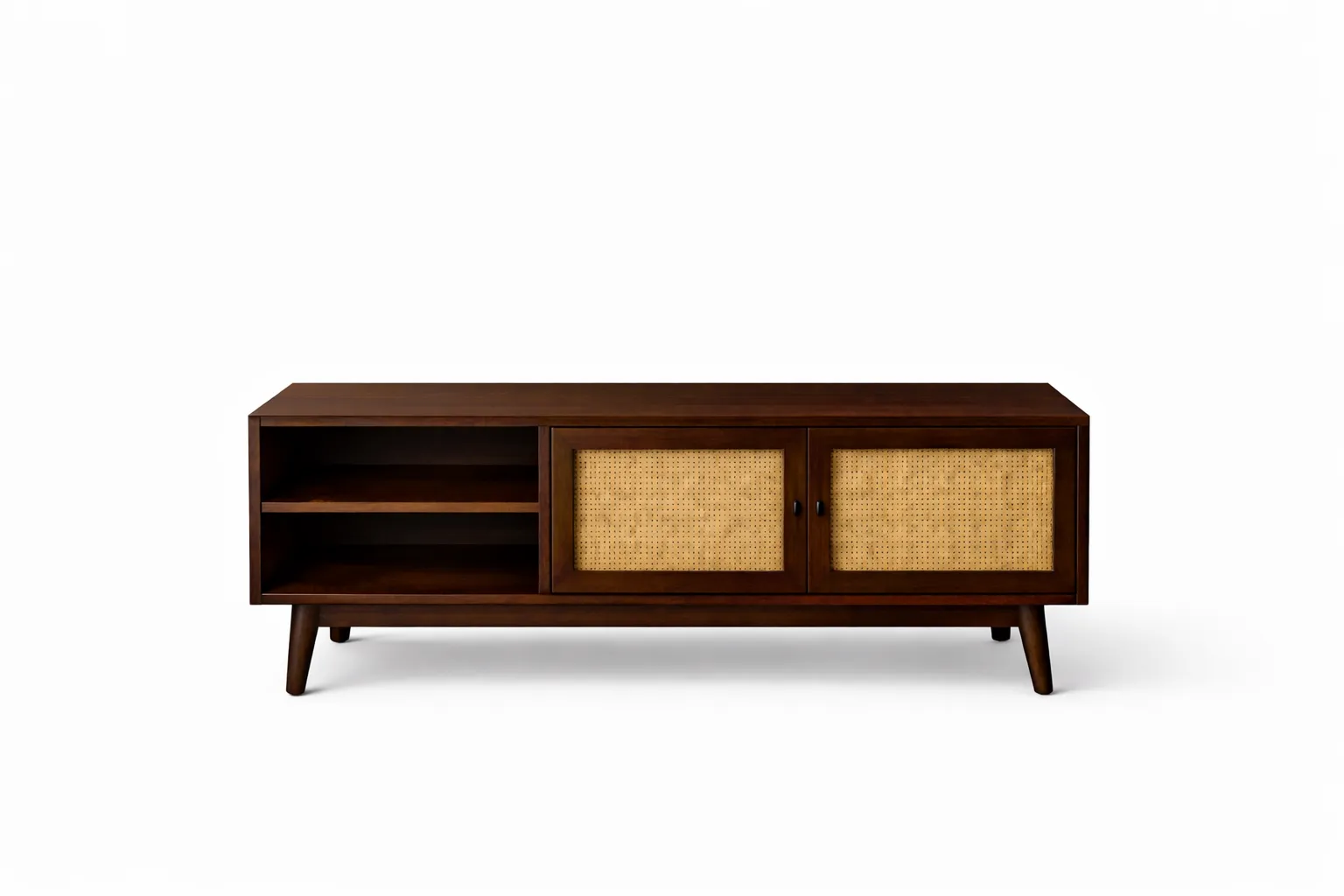 Premium Wooden TV Console Cabinet with Cane Doors and Open Shelves for Living Room, Modern Mid-Century Entertainment Unit, Storage Media Console Table
