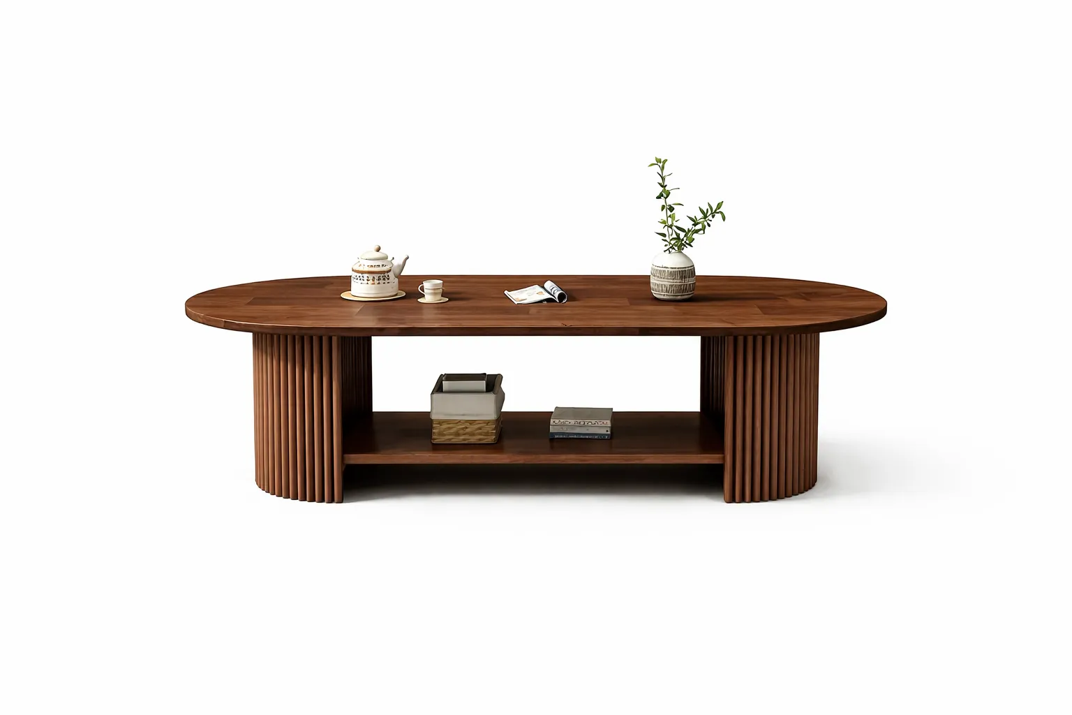 Premium Wooden Coffee Table | Modern Oval Center Table with Open Storage Shelf | Solid Wood Handcrafted Luxury Table for Living Room | Stylish & Durable Home Furniture