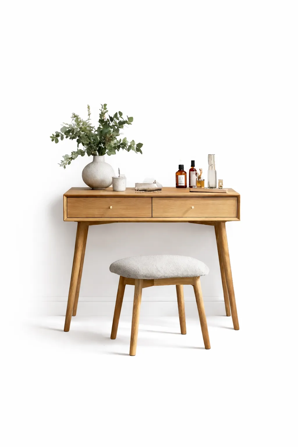 Premium Wooden Vanity Dressing Table Set with Soft Cushioned Stool, 2 Spacious Storage Drawers, Modern Wooden Finish, Strong Tapered Legs & Elegant Makeup Desk for Bedroom, Dressing Room and Luxury Home Interior