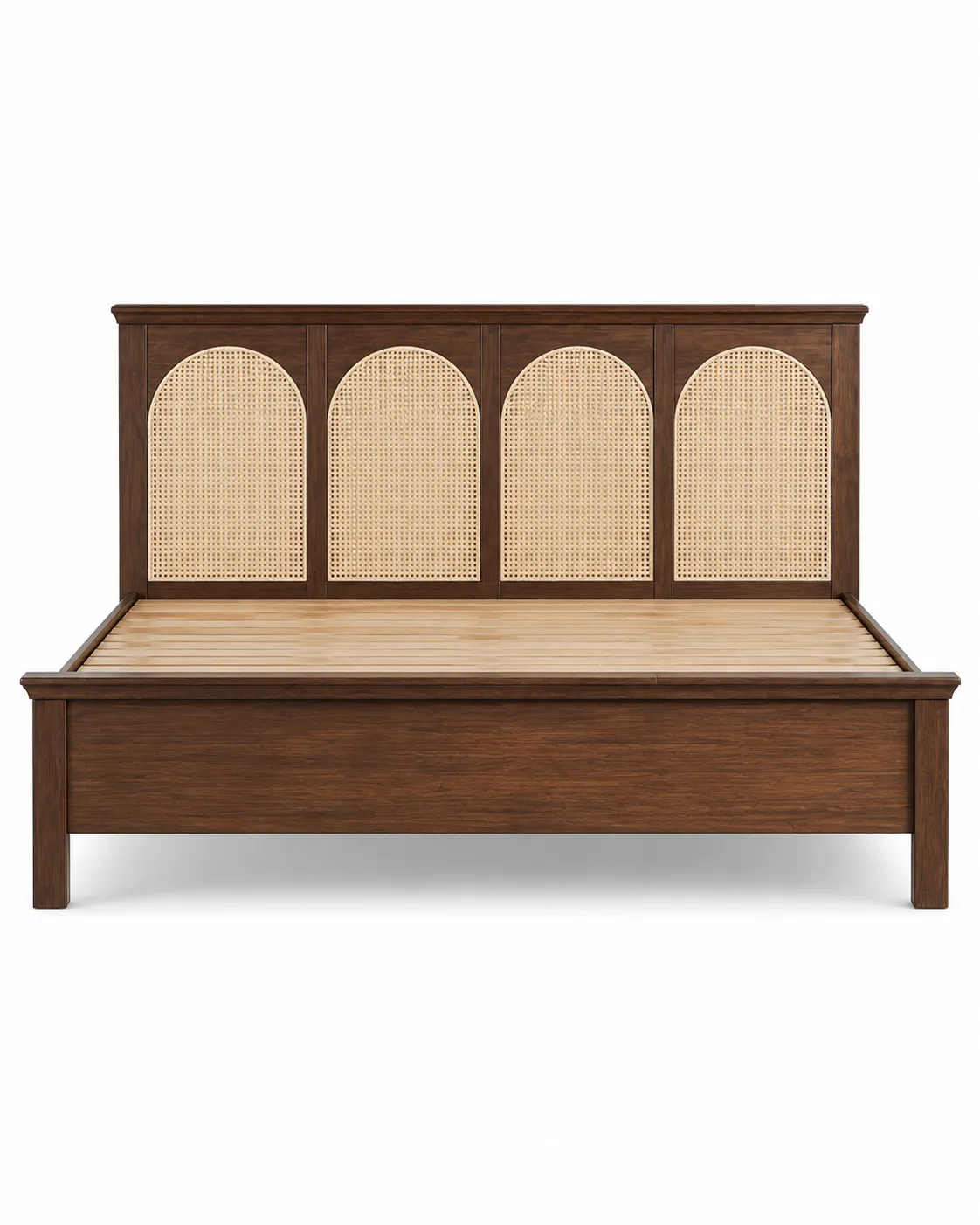 Solid Wood King Size Bed with Handwoven Cane Rattan Headboard, Classic Arch Panel Design, Rich Dark Wooden Finish & Premium Bedroom Furniture for Modern Homes, Villas, Resorts and Hotels