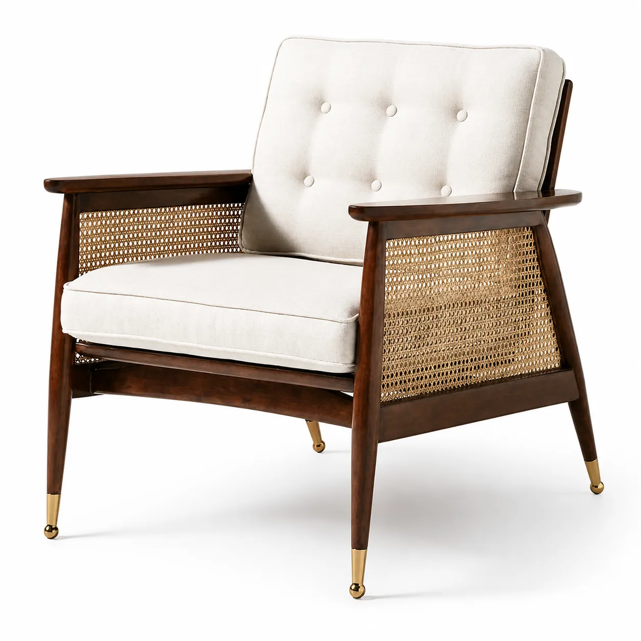 Premium Wooden Lounge Arm Chair with Rattan Cane Side Panels, Premium Cream Cushioned Seat & Button Tufted Backrest, Solid Wood Accent Chair with Armrest for Living Room, Bedroom, Balcony & Hotel Décor