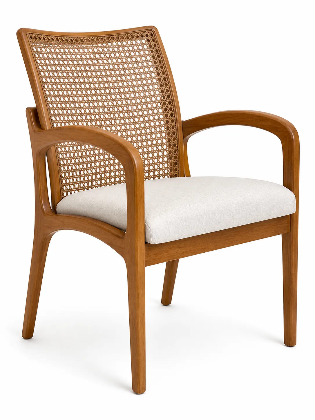 Premium Wooden Cane Arm Chair with Natural Rattan Backrest, Cream Cushioned Seat & Curved Designer Armrest, Luxury Solid Wood Accent Chair for Dining Room, Living Room, Café, Hotel & Home Décor