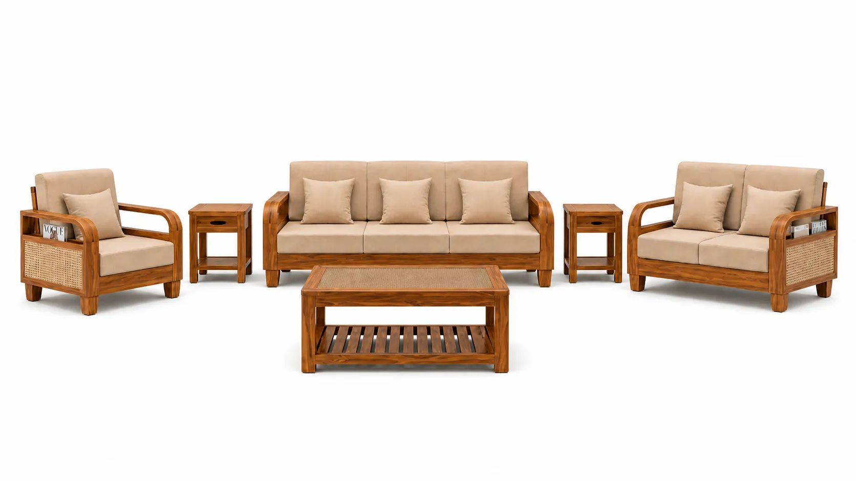 Premium Wooden Sofa Set 3+2+1 with Center Table & Side Tables | Luxury Cane Design Living Room Furniture Set with Beige Cushions | Solid Wood Finish Sofa Set for Home, Lounge & Drawing Room