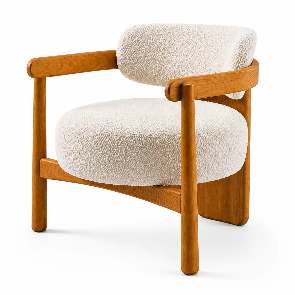 Premium Wooden Accent Lounge Chair with Cream Textured Cushioned Seat, Rounded Backrest & Curved Armrest, Modern Luxury Single Sofa Chair for Living Room, Bedroom, Café, Hotel & Home Décor
