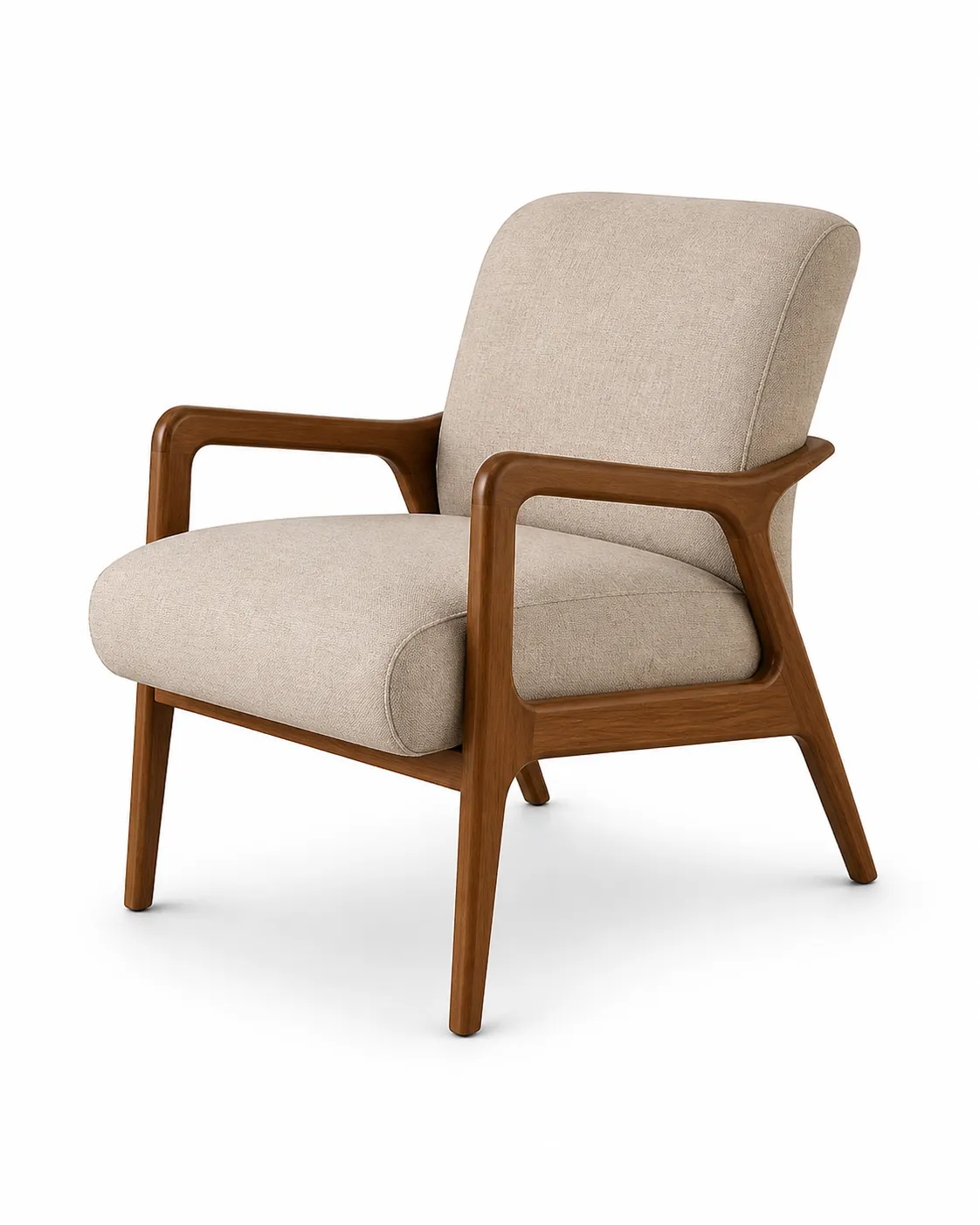 Premium Wooden Lounge Arm Chair with Soft Cream Cushioned Seat, Curved Designer Armrest & Solid Wood Frame, Luxury Accent Single Sofa Chair for Living Room, Bedroom, Hotel, Café & Home Décor