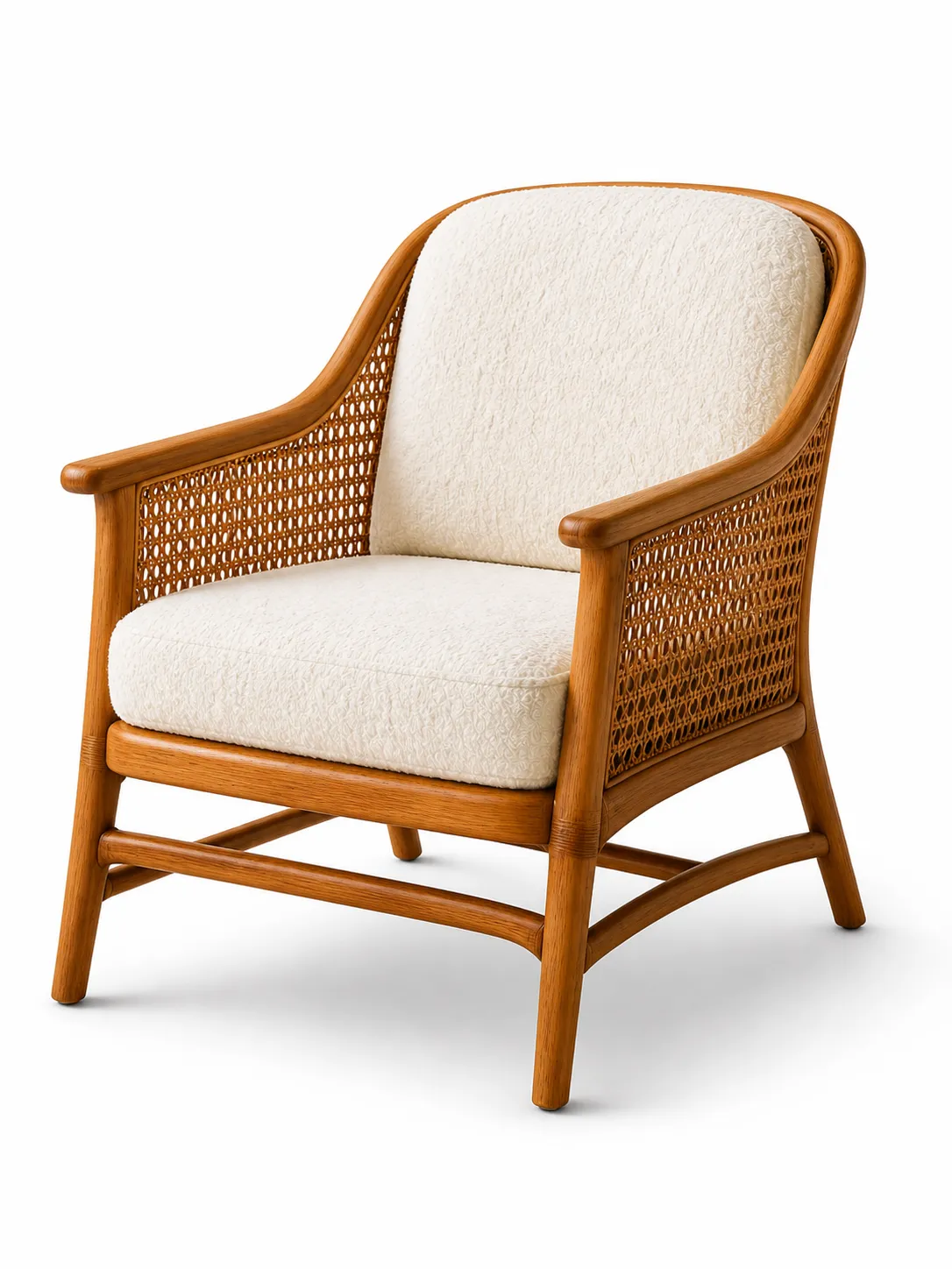 Premium Rattan Cane Wooden Lounge Chair with Soft Cream Cushioned Seat, Curved Armrest & Natural Cane Side Panels, Luxury Accent Single Sofa Chair for Living Room, Bedroom, Café, Hotel & Home Décor
