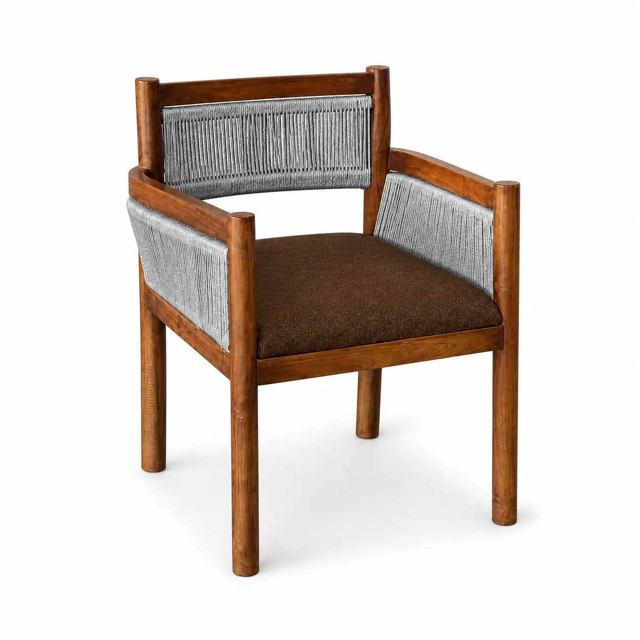 Premium Wooden Accent Arm Chair with Grey Woven Rope Backrest, Brown Cushioned Seat & Solid Wood Frame, Luxury Designer Chair for Living Room, Bedroom, Lounge, Café, Hotel & Home Décor