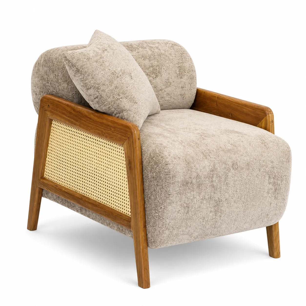 Premium Wooden Cane Lounge Chair with Soft Beige Upholstery, Natural Rattan Side Panels, Cushioned Backrest & Pillow, Luxury Accent Single Sofa Chair for Living Room, Bedroom, Hotel, Café & Home Décor