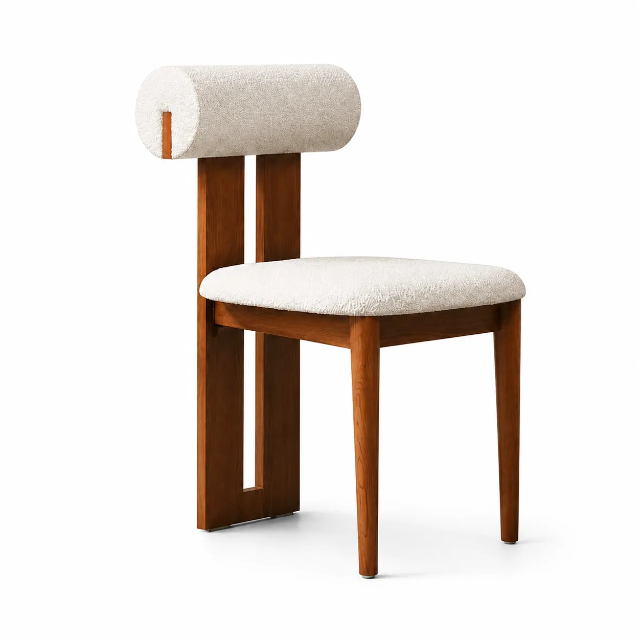 Premium Wooden Dining Chair with Cream Upholstered Cushion Seat, Cylindrical Padded Backrest & Solid Wood Frame, Modern Designer Accent Chair for Dining Room, Living Room, Café, Hotel & Home Décor