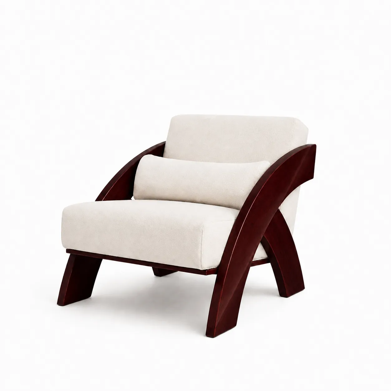 Premium Wooden Lounge Chair with Ivory Cushioned Seat, Dark Red Wine Polish Frame, Curved Designer Armrest & Pillow Back Support, Luxury Accent Single Sofa Chair for Living Room, Bedroom, Hotel, Café & Home Décor