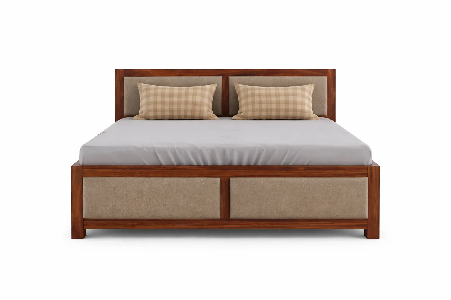 Wooden King Size Bed with Upholstered Headboard, Designer Fabric Panel Footboard, Strong Solid Wood Frame and Elegant Premium Bedroom Furniture for Villas, Hotels & Master Bedroom