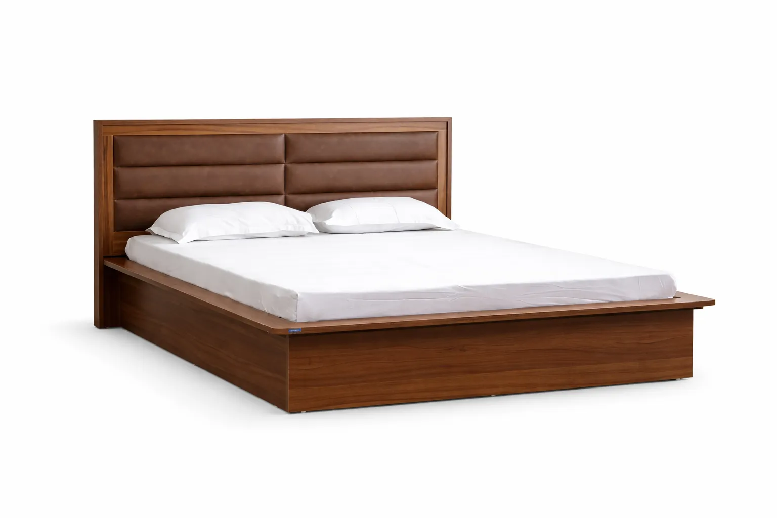Solid Wood King Size Bed with Premium Brown Leatherette Cushioned Headboard, Rich Walnut Wooden Finish, Strong Designer Frame & Elegant Modern Bedroom Furniture for Premium Homes, Villas and Hotels
