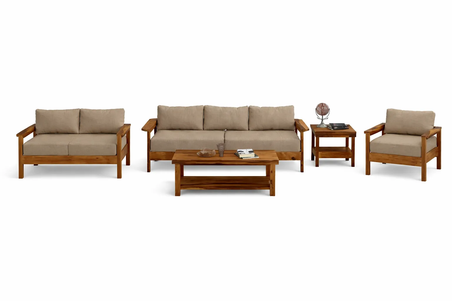 Premium 5 Piece Wooden Sofa Set for Living Room – 3 Seater Sofa, 2 Seater Sofa, Single Armchair, Coffee Table & Side Table with Cushioned Seating