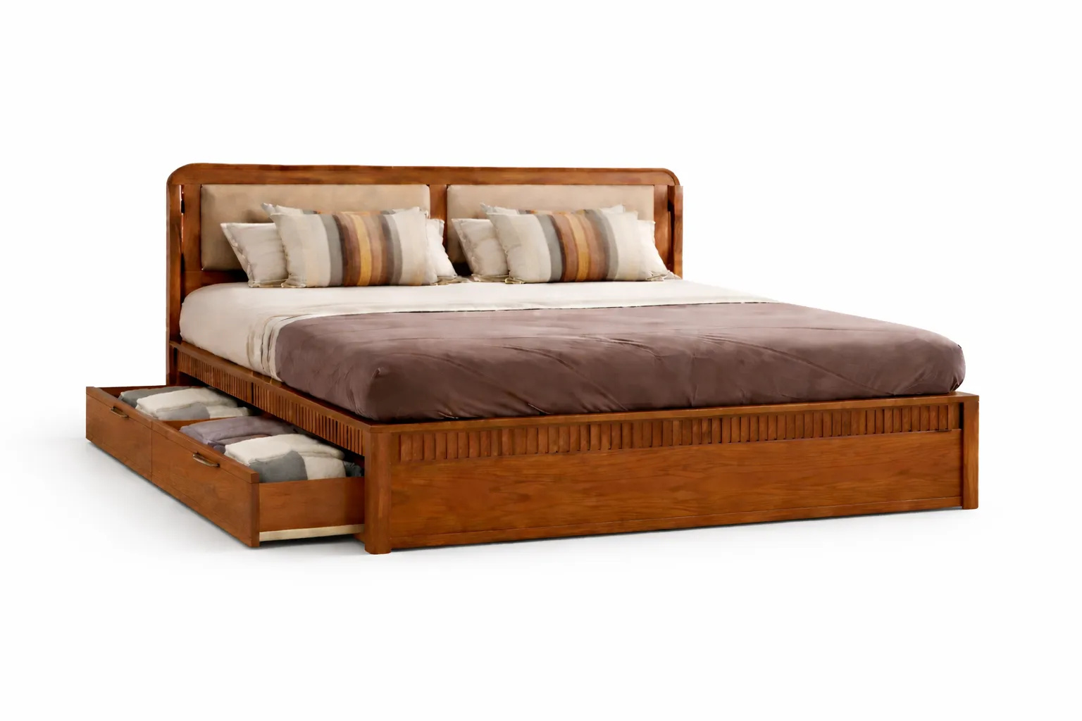 Royal Solid Wood King Size Bed with Storage Drawer & Premium Cushioned Headboard – Elegant Designer Wooden Bed for Modern Luxury Bedroom
